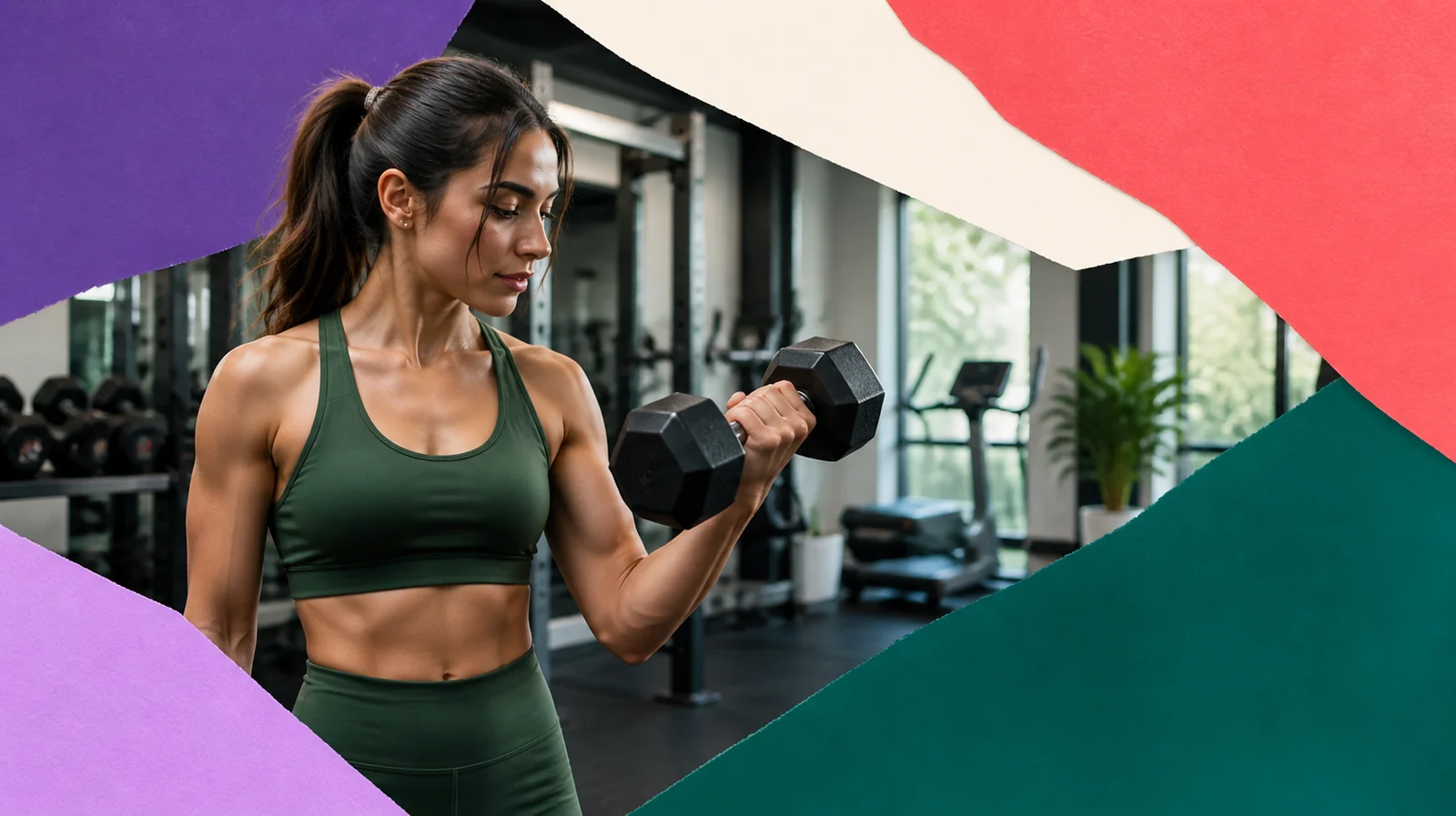Woman lifting a dumbbell in a bright modern gym