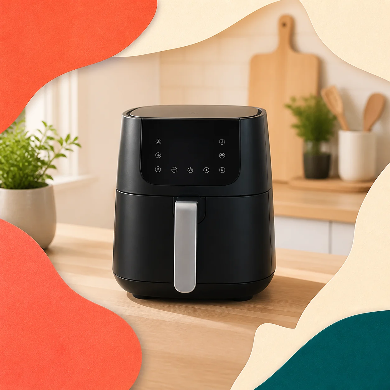 Black air fryer in a bright kitchen framed by paper shapes