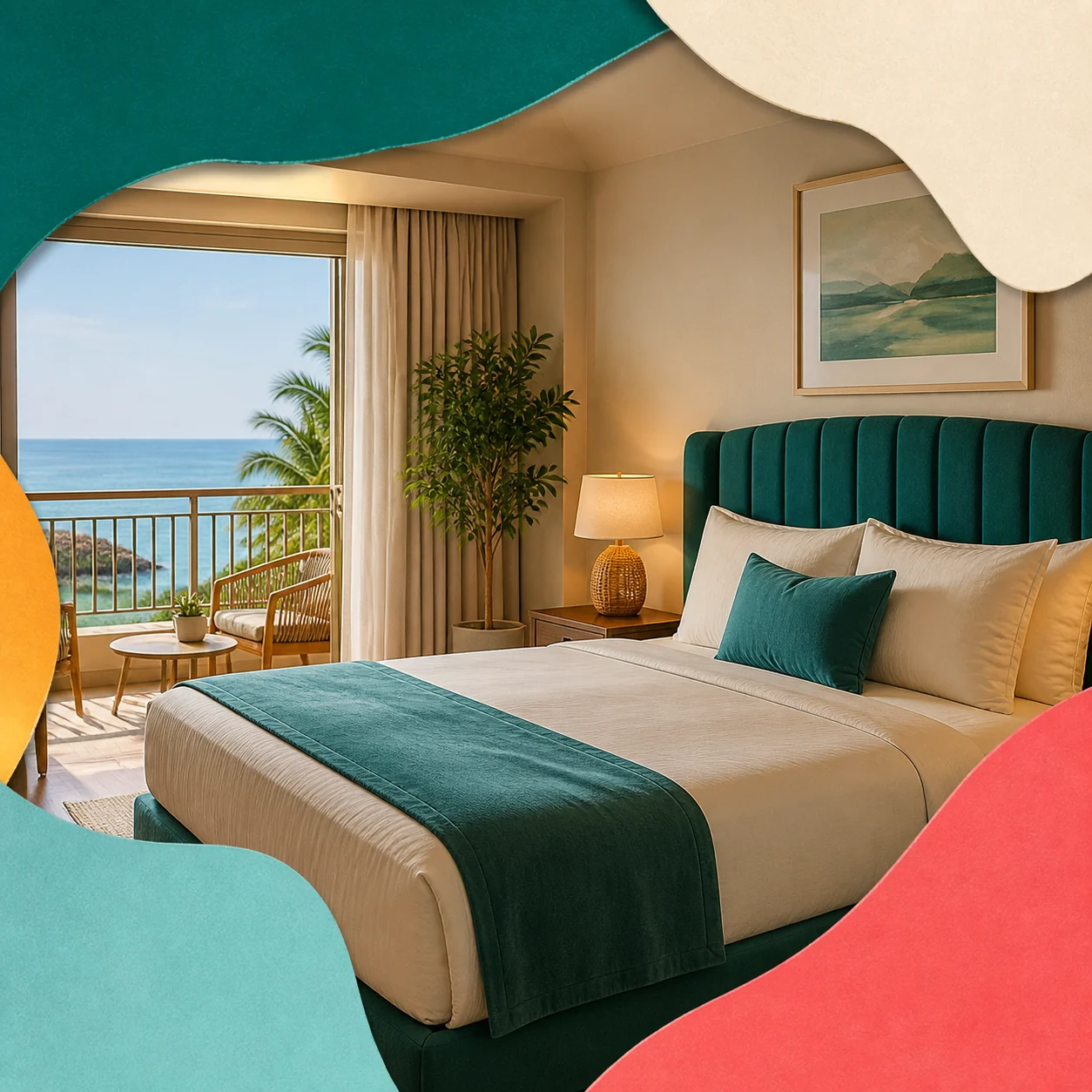 Inviting hotel room with teal bed and a coastal view