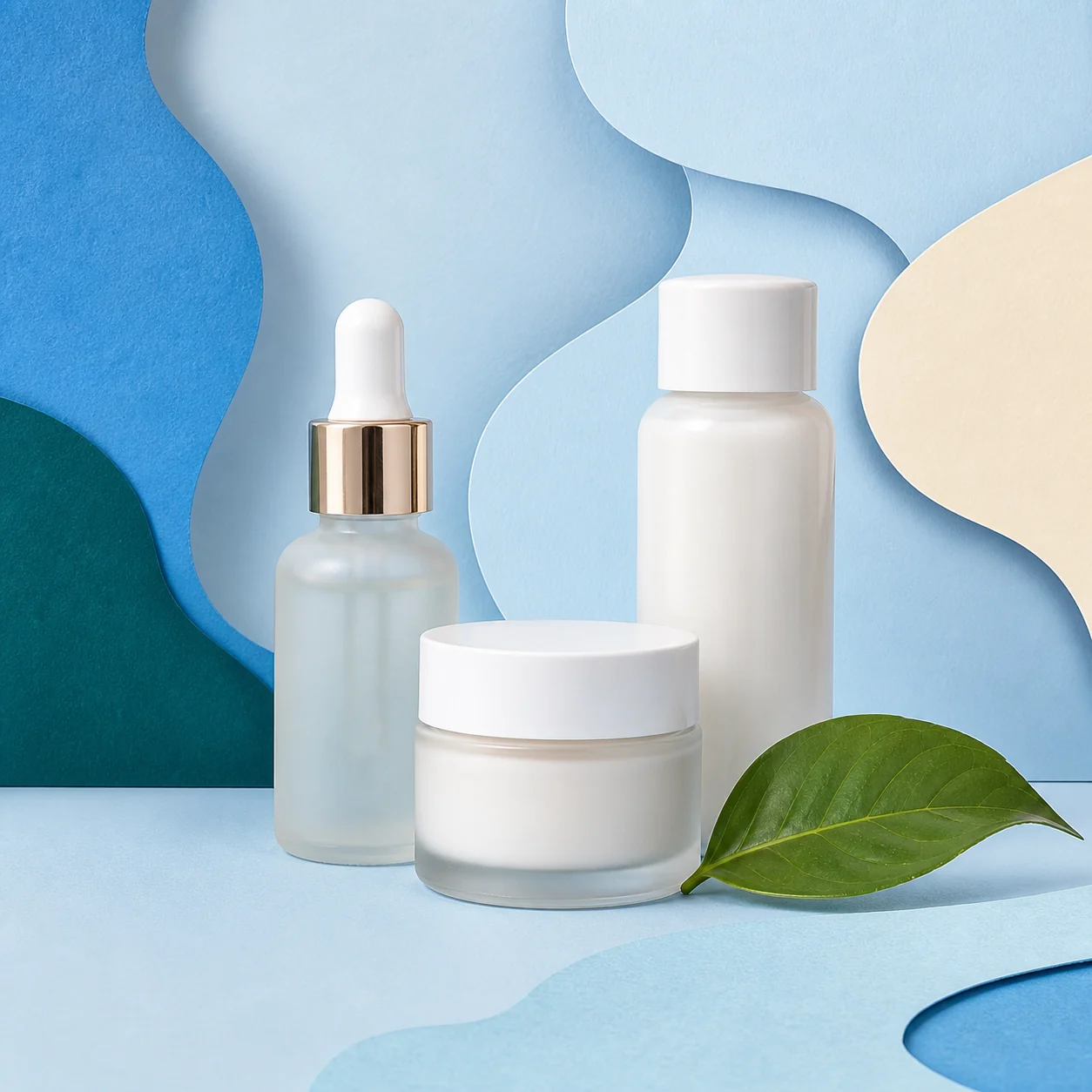 Minimal skincare bottles and jar on blue paper shapes