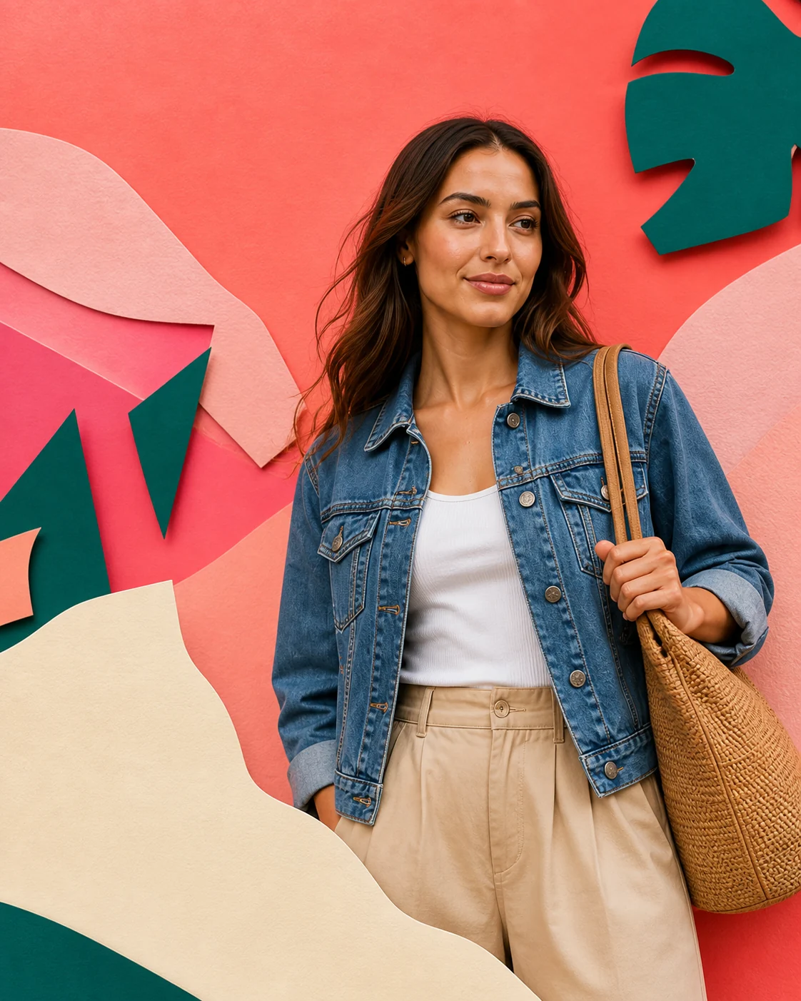 Woman in a denim jacket carrying a woven shopping bag